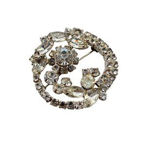 Vintage Clear Rhinestones Pin Brooch Round Circle All Prong Set Glass Stones